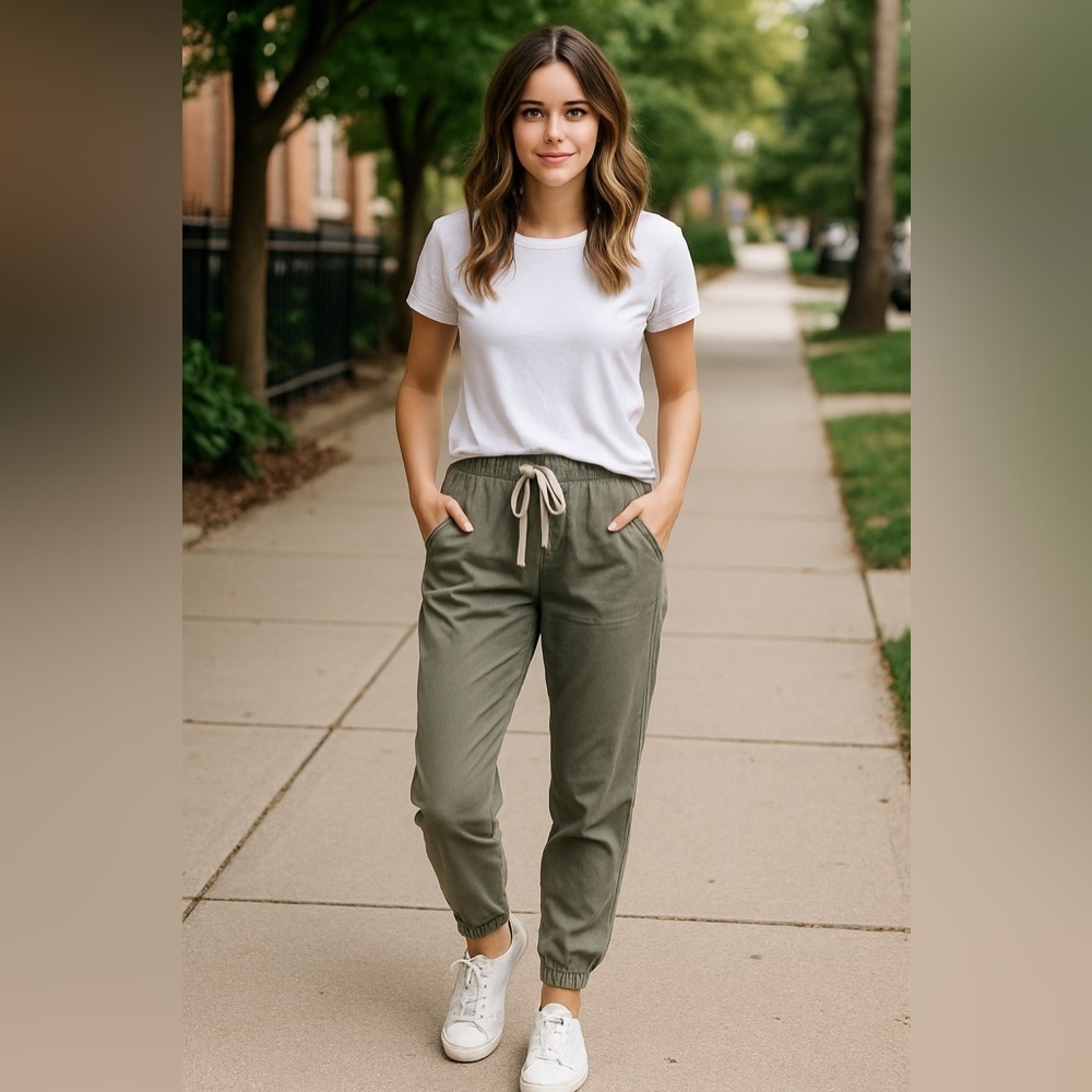 Harlow Paperbag Joggers Lyocell Military Green Pockets Size Small​​​​​​​​​